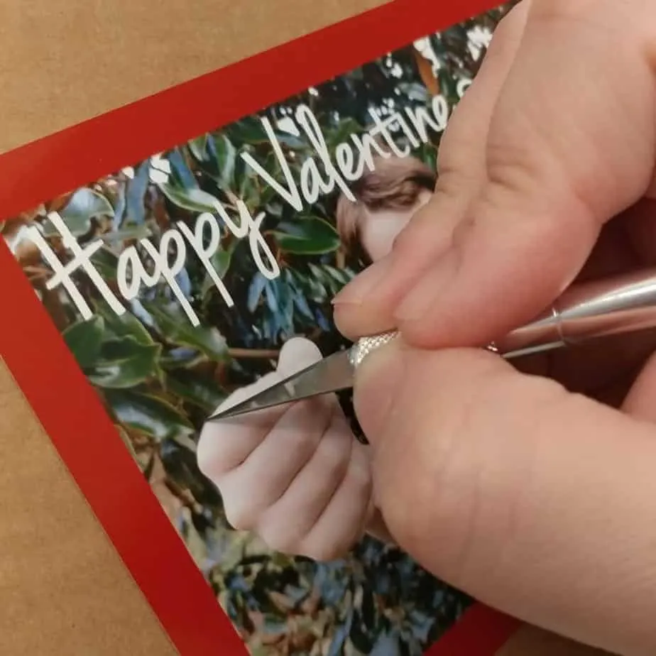 Cutting the slit in the DIY Valentines Card