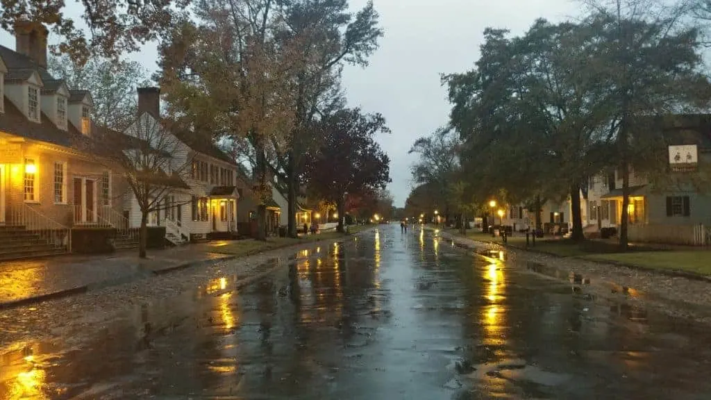 Colonial Williamsburg: a rainy evening on the Duke of Gloucester Street