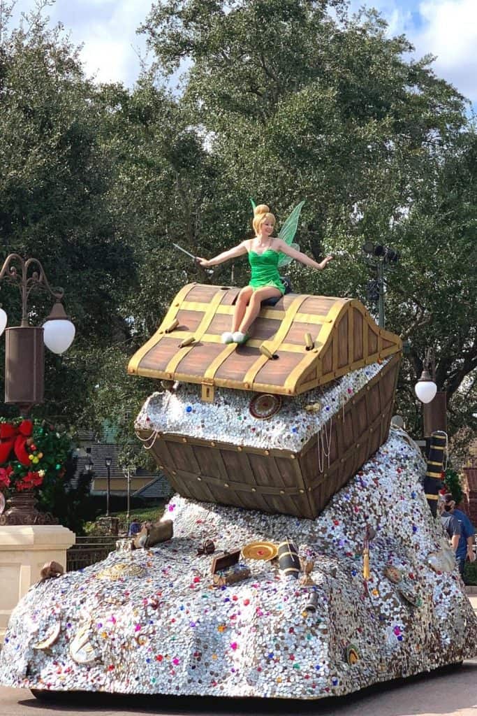 Tinkerbell making an appearance in a Character Cavalcade at the Magic Kingdom in Walt Disney World