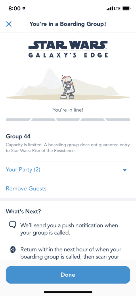 Screenshot of Boarding Group for Rise of the Resistance