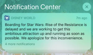 Screenshot of delay notification for Ride of the Resistance