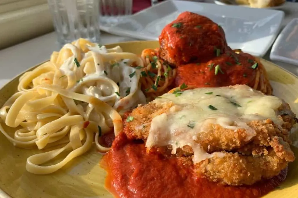 The Italian Trio dish from Tonys Town Square Restaurant at Walt Disney World. 