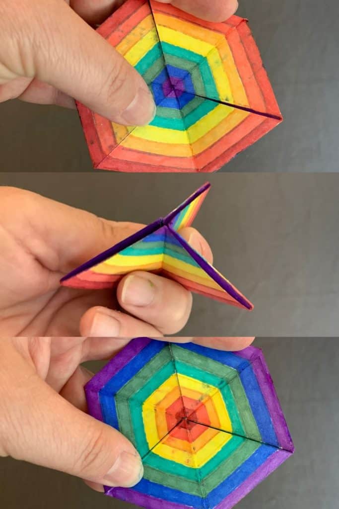 a hexaflexagon by Chaotically Yours - folded paper colored with rainbow patterns