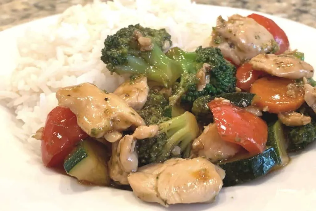Finished stir fry served with rice