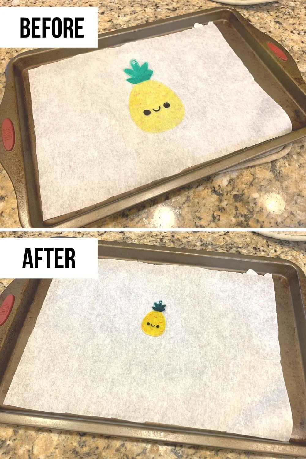 DIY Shrinky Dinks before and after applying heat