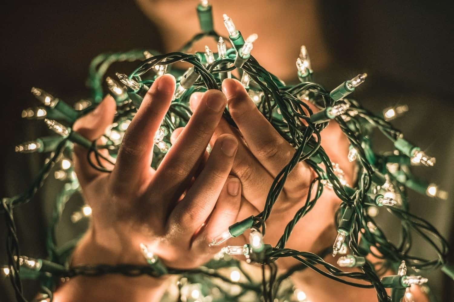 Hands holding Christmas lights