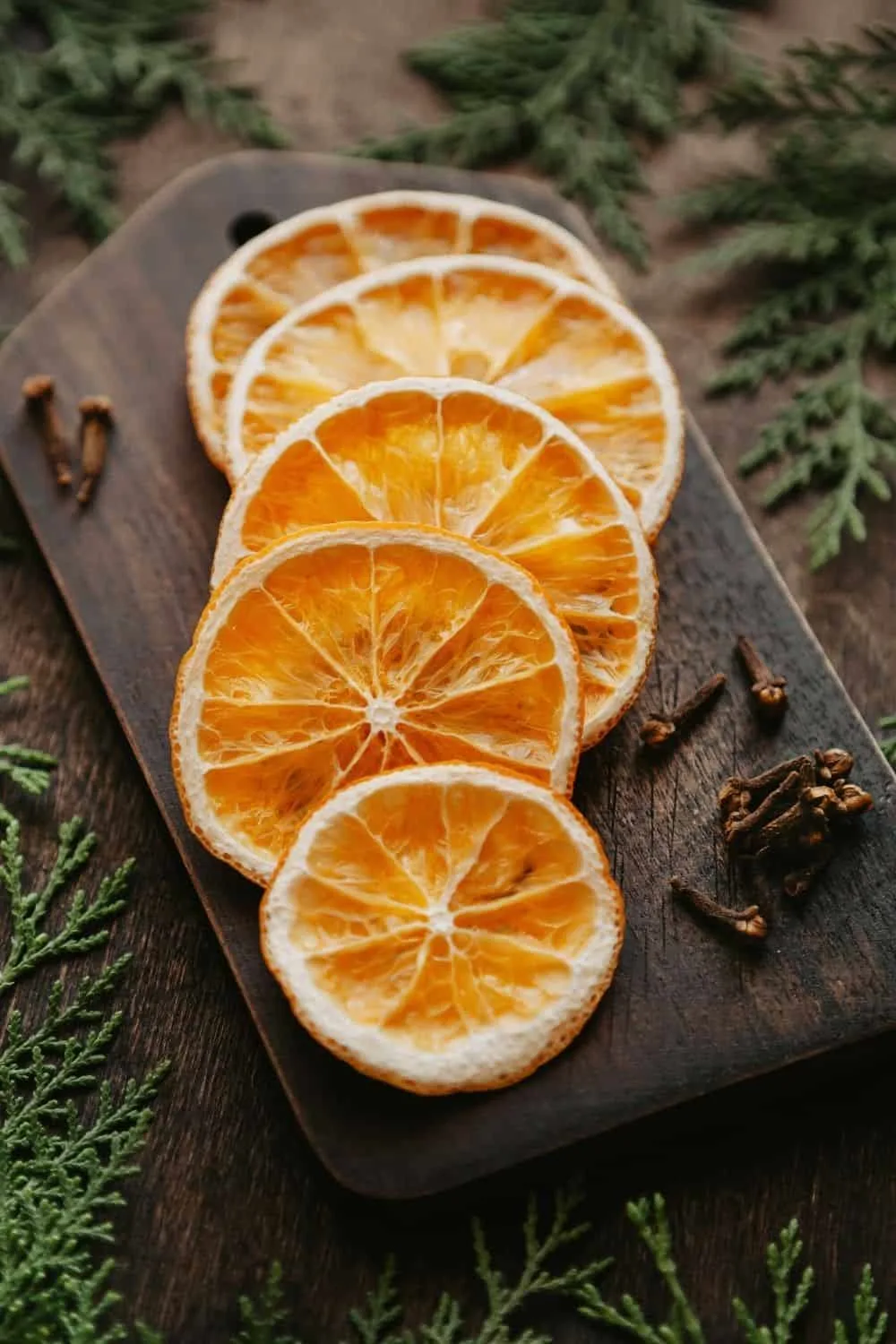 Dried orange slices sitting on a cutting board