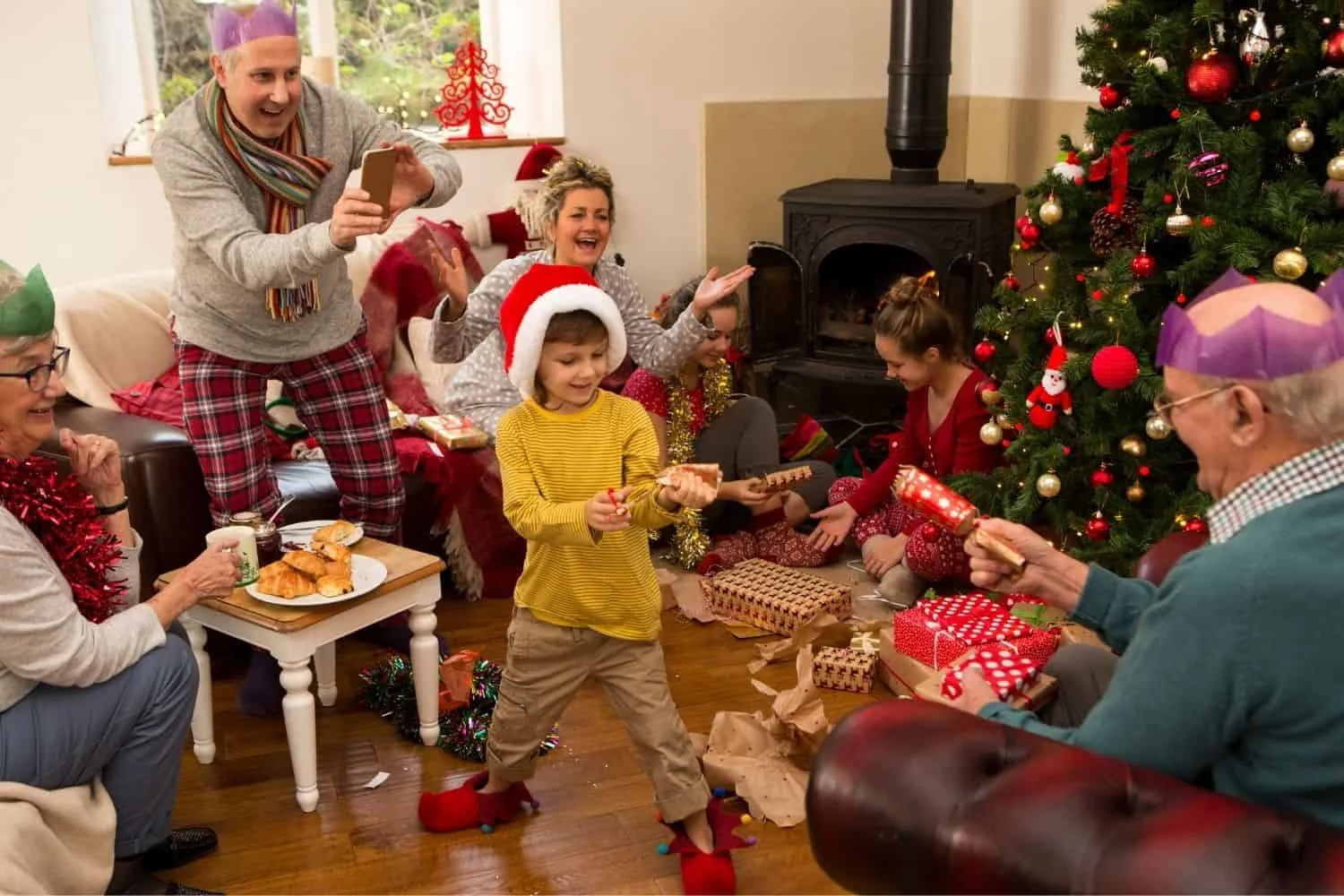 a family exchanging gifts on Christmas morning