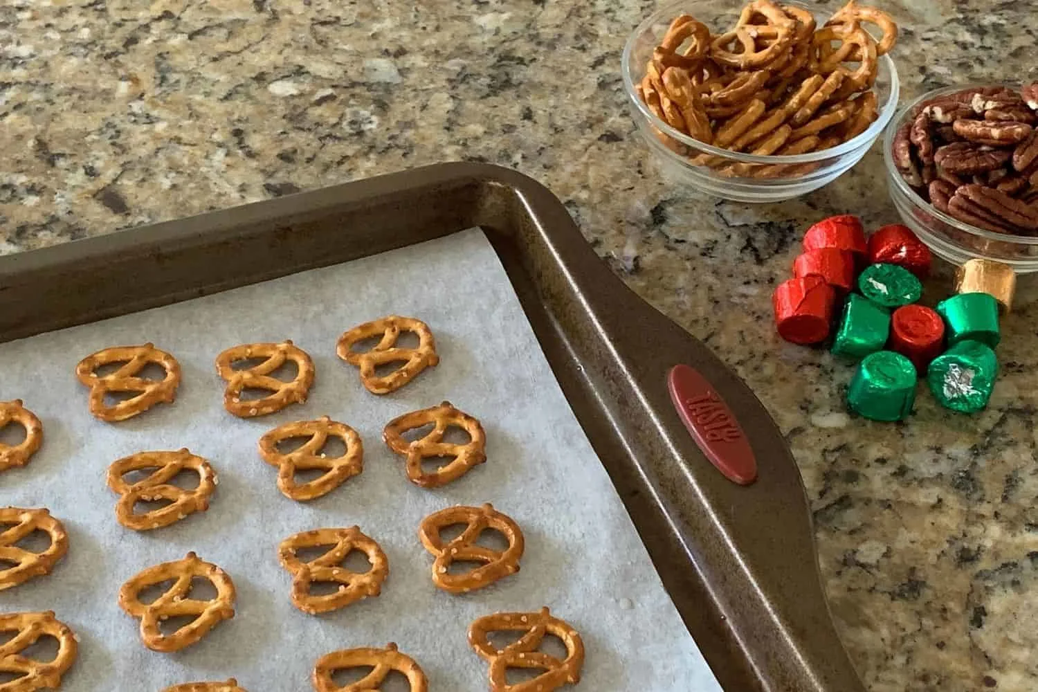 lay out the pretzels on a cookie sheet before baking