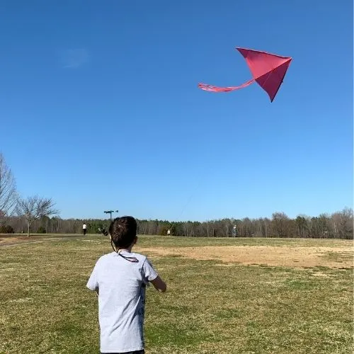 kid flying a red delta kite