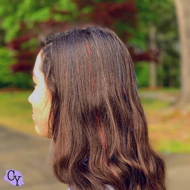 Red and blue fairy hair on dark brown hair