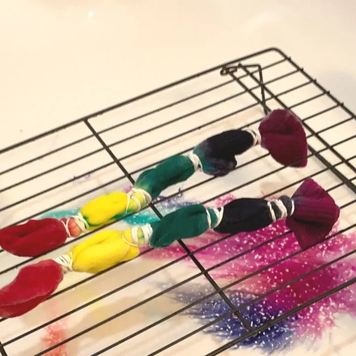 dye dripping down off a cookie rack when tie dying socks