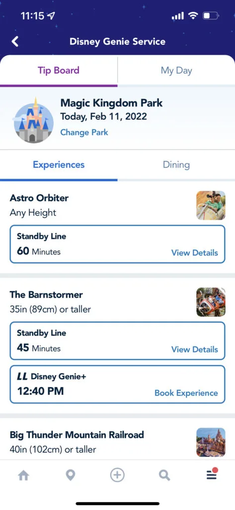 The Tip Board from the My Disney Experience App