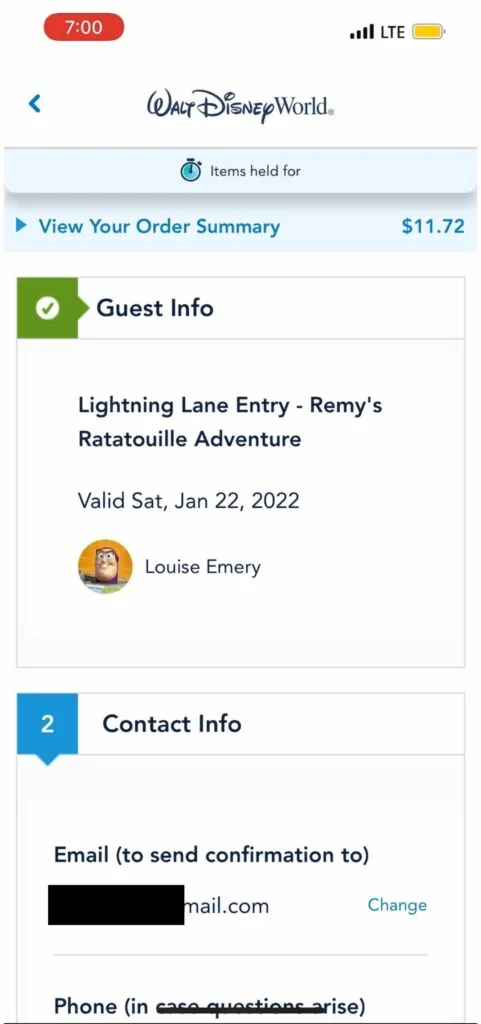 Purchase page for Individual LIghtning Lanes at Disney World