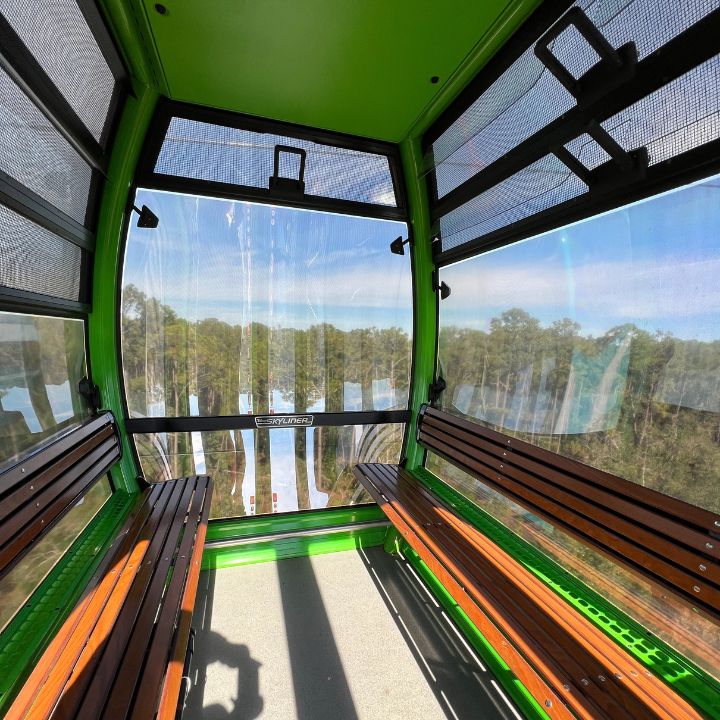Interior of a gondola on the Disney Skyliner