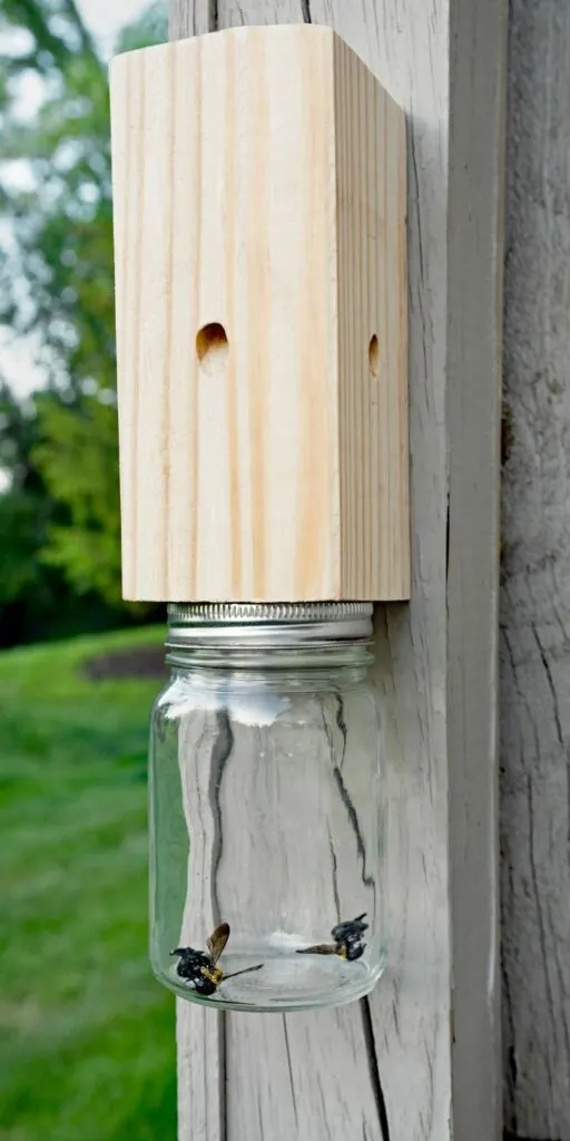 Carpenter Bee Trap installed on a wooden beam